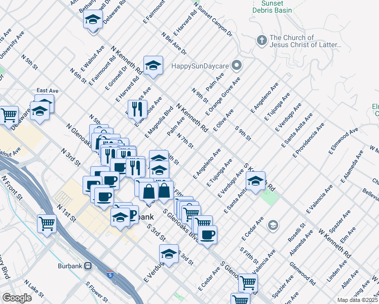 map of restaurants, bars, coffee shops, grocery stores, and more near 621 East Olive Avenue in Burbank