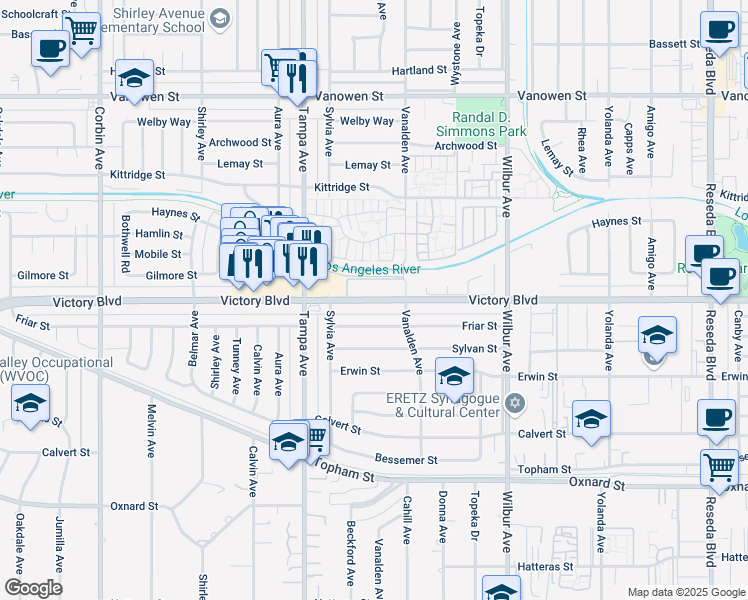 map of restaurants, bars, coffee shops, grocery stores, and more near 19150 Victory Boulevard in Los Angeles