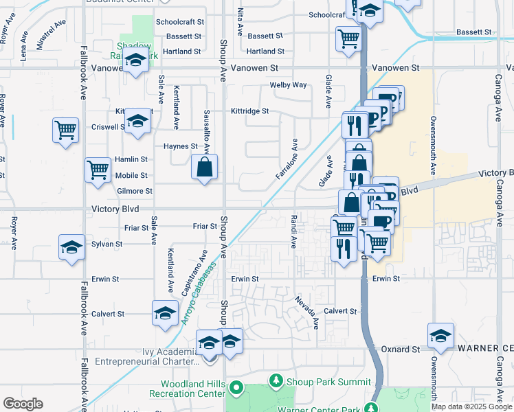 map of restaurants, bars, coffee shops, grocery stores, and more near 22301 Victory Boulevard in Los Angeles