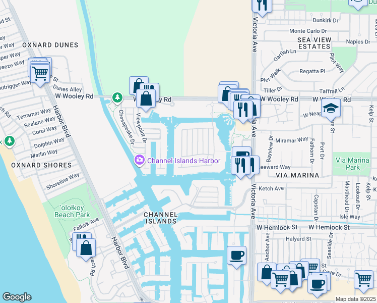 map of restaurants, bars, coffee shops, grocery stores, and more near 1467 Estuary Way in Oxnard