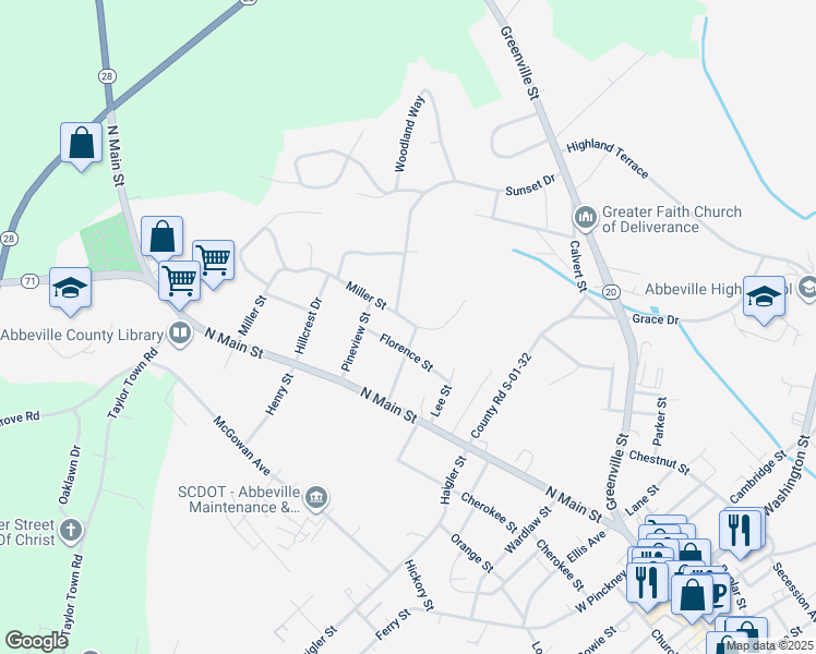 map of restaurants, bars, coffee shops, grocery stores, and more near 206 Florence Street in Abbeville