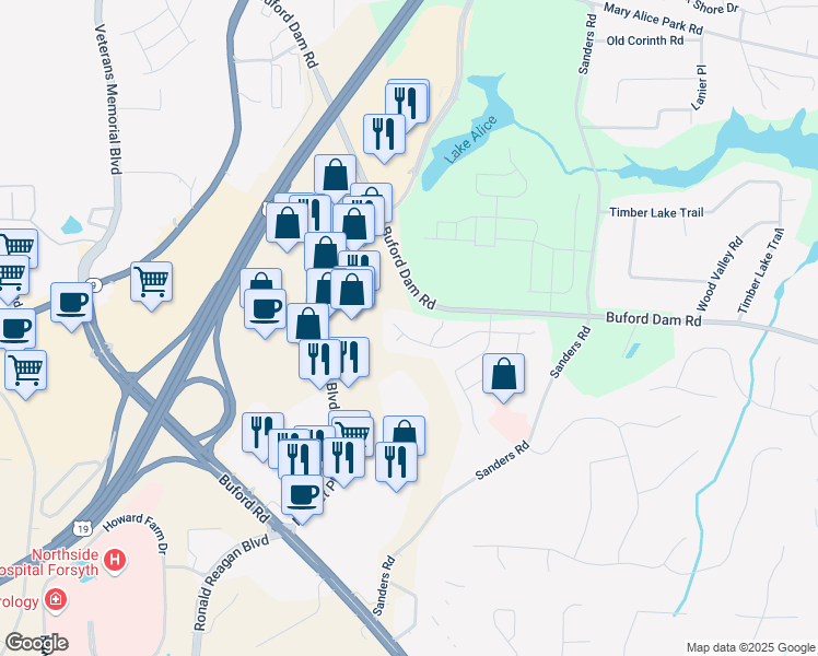 map of restaurants, bars, coffee shops, grocery stores, and more near 607 Leland Parkway in Cumming