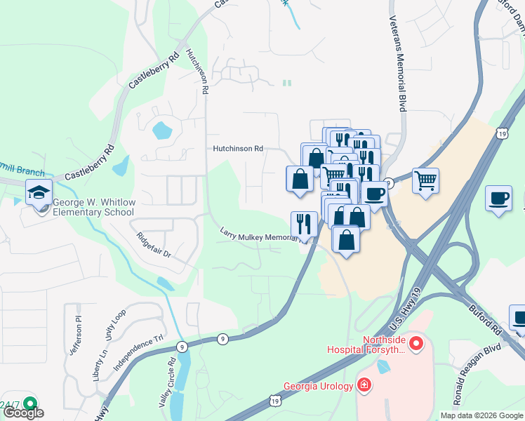 map of restaurants, bars, coffee shops, grocery stores, and more near 3725 Hutchinson Trace Drive in Cumming