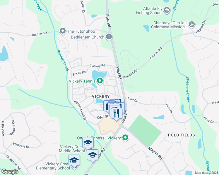 map of restaurants, bars, coffee shops, grocery stores, and more near 6525 Meeting House Road in Cumming