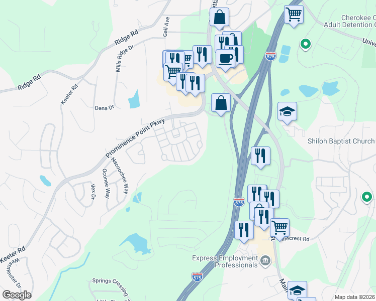 map of restaurants, bars, coffee shops, grocery stores, and more near 107 Plumeria Street in Canton