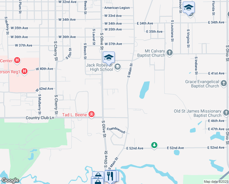 map of restaurants, bars, coffee shops, grocery stores, and more near 4321 South Olive Street in Pine Bluff