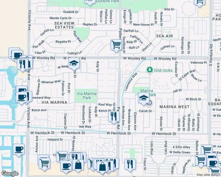 map of restaurants, bars, coffee shops, grocery stores, and more near 2950 Luff Court in Oxnard