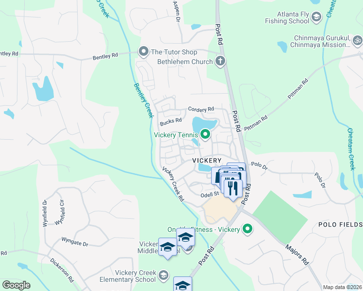 map of restaurants, bars, coffee shops, grocery stores, and more near 6710 Center Grove Street in Cumming