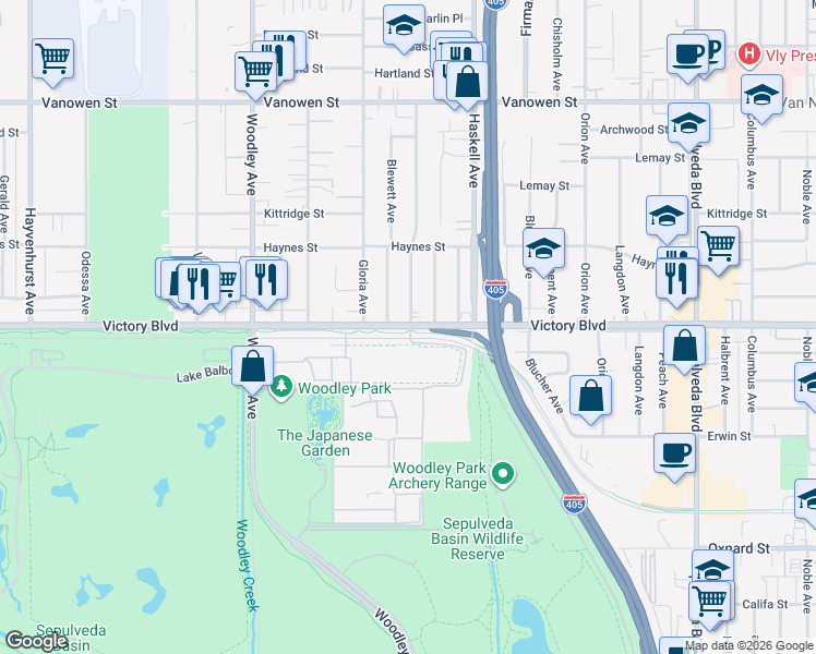map of restaurants, bars, coffee shops, grocery stores, and more near 15800 Victory Boulevard in Los Angeles