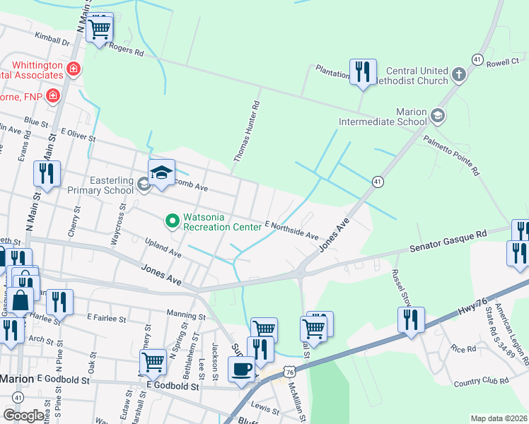 map of restaurants, bars, coffee shops, grocery stores, and more near 1001 East Northside Avenue in Marion