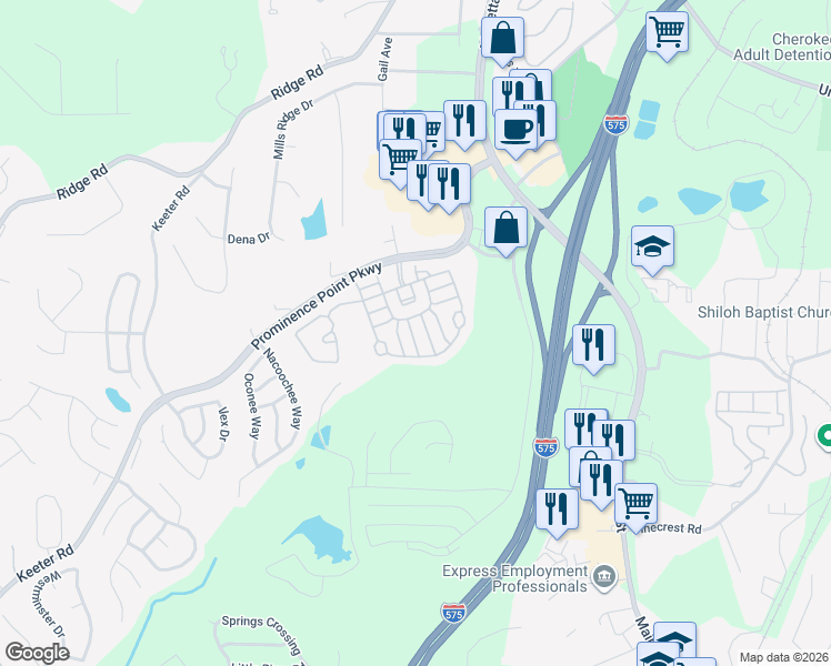 map of restaurants, bars, coffee shops, grocery stores, and more near 107 Plumeria Street in Canton