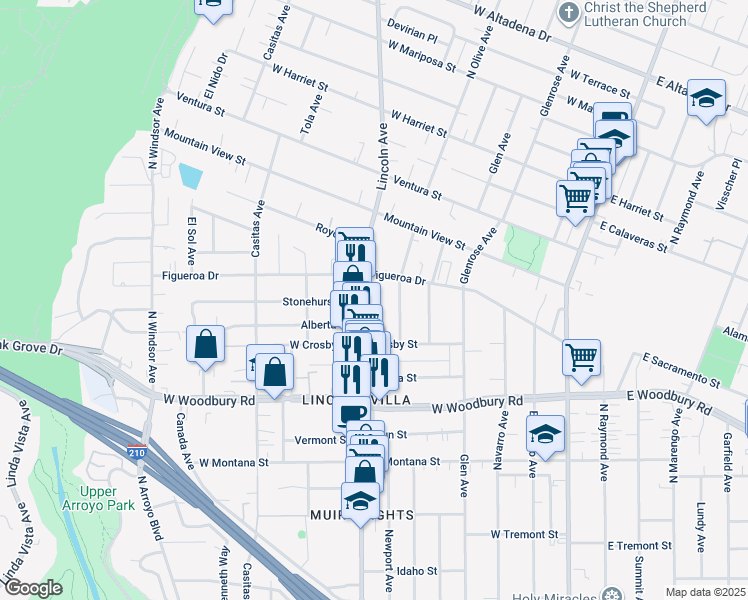 map of restaurants, bars, coffee shops, grocery stores, and more near 2400 North Lincoln Avenue in Altadena