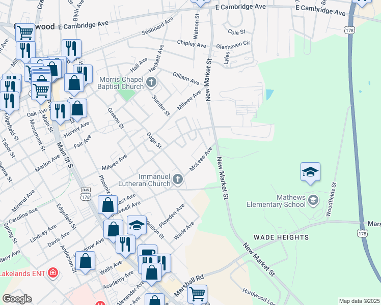 map of restaurants, bars, coffee shops, grocery stores, and more near 703 Weldon Avenue in Greenwood