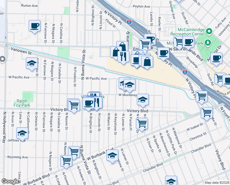 map of restaurants, bars, coffee shops, grocery stores, and more near 2101 West Monterey Avenue in Burbank