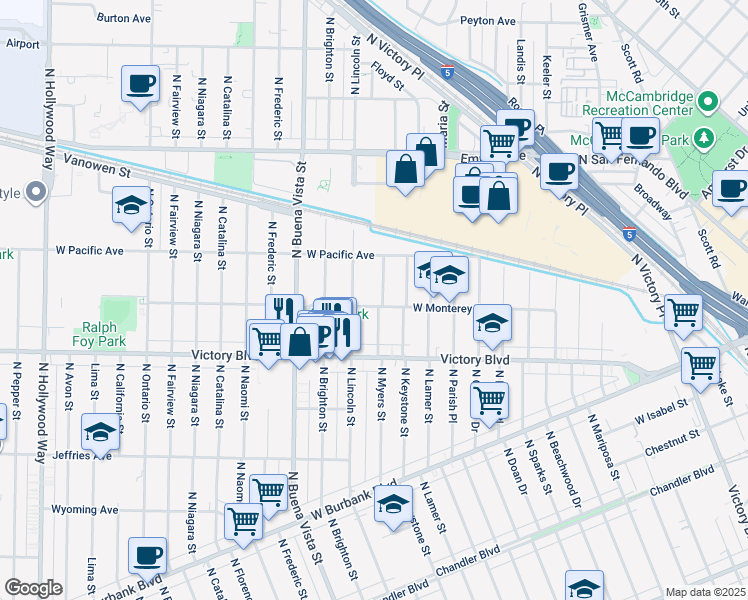 map of restaurants, bars, coffee shops, grocery stores, and more near 2207 West Monterey Avenue in Burbank