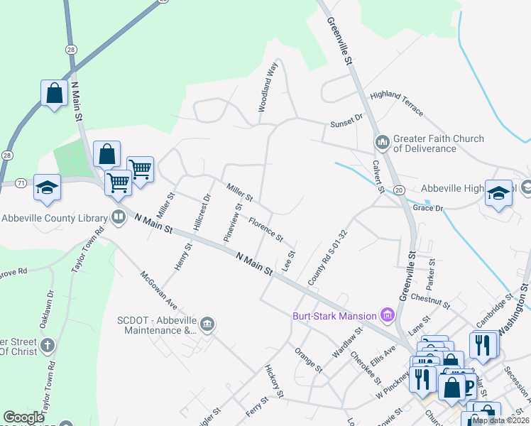 map of restaurants, bars, coffee shops, grocery stores, and more near 206 Florence Street in Abbeville