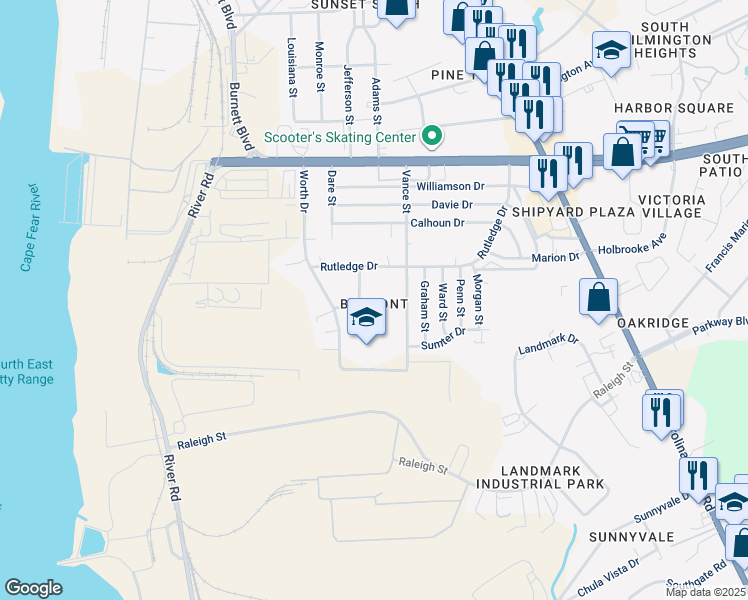 map of restaurants, bars, coffee shops, grocery stores, and more near 213 Dobbs Street in Wilmington