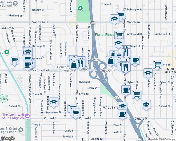 map of restaurants, bars, coffee shops, grocery stores, and more near 12412 Victory Boulevard in Los Angeles