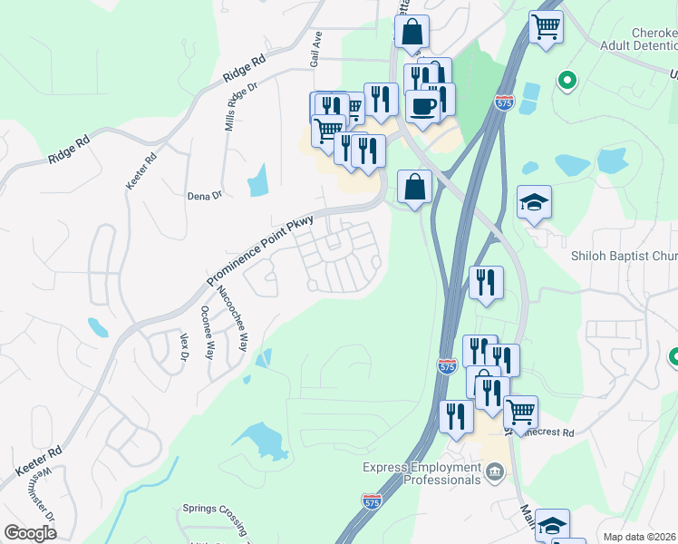 map of restaurants, bars, coffee shops, grocery stores, and more near 107 Plumeria Street in Canton