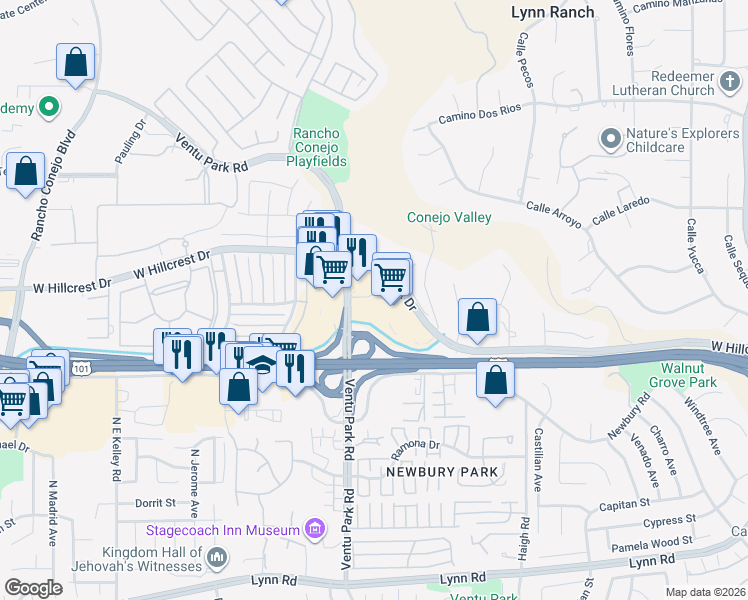 map of restaurants, bars, coffee shops, grocery stores, and more near 540 North Ventu Park Road in Thousand Oaks