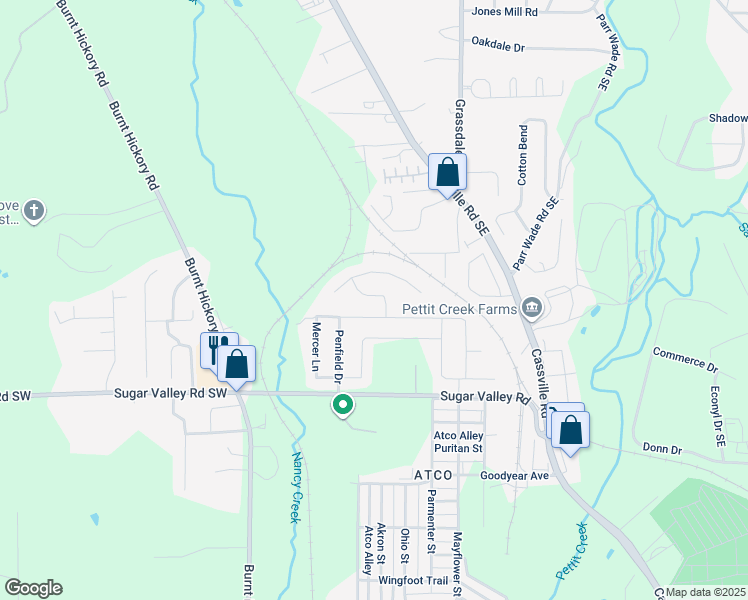 map of restaurants, bars, coffee shops, grocery stores, and more near 18 Barrett Lane in Cartersville