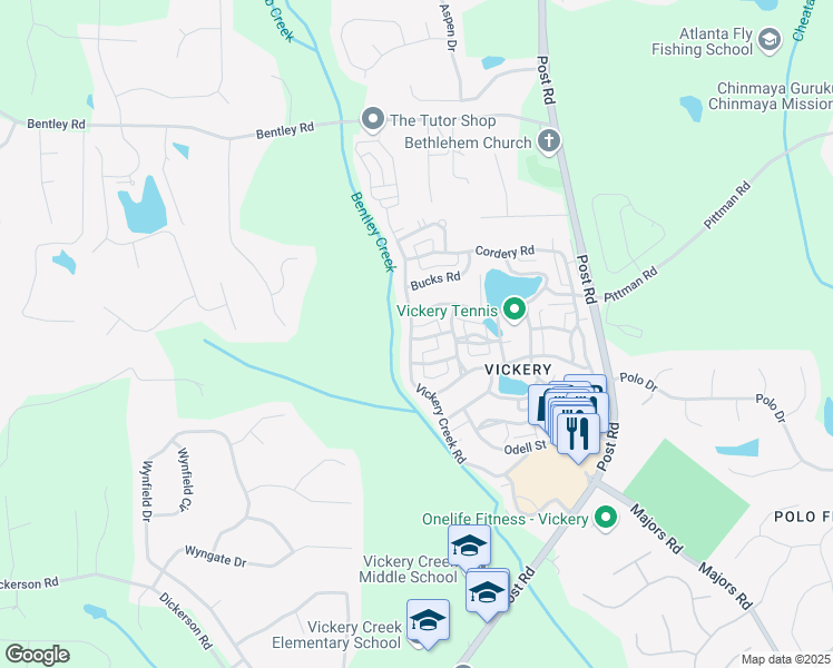 map of restaurants, bars, coffee shops, grocery stores, and more near 6610 Vickery Creek Road in Cumming