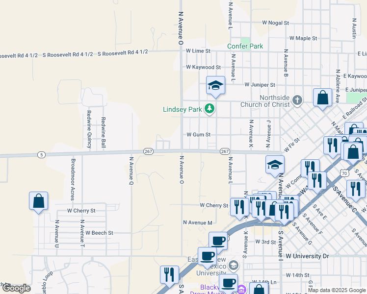 map of restaurants, bars, coffee shops, grocery stores, and more near 710 North Avenue O in Portales
