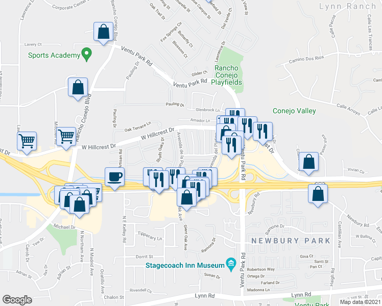 map of restaurants, bars, coffee shops, grocery stores, and more near 594 Paseo La Perla in Thousand Oaks