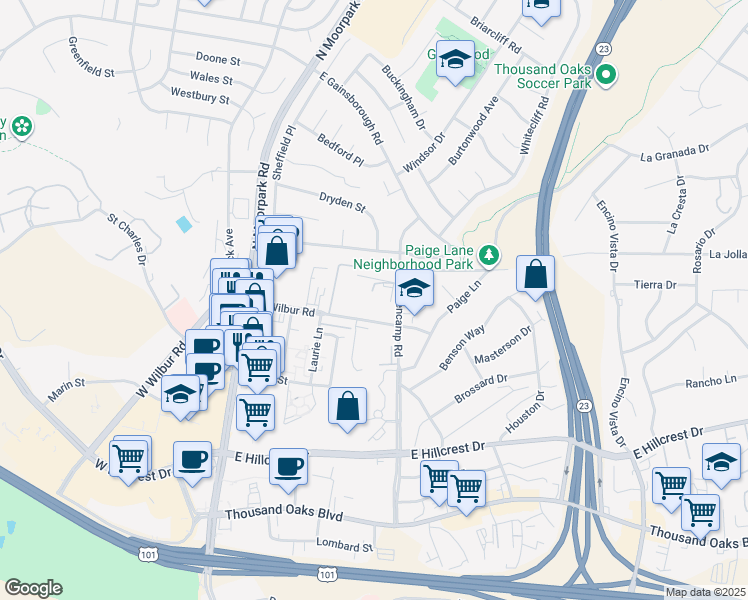 map of restaurants, bars, coffee shops, grocery stores, and more near 449 East Wilbur Road in Thousand Oaks