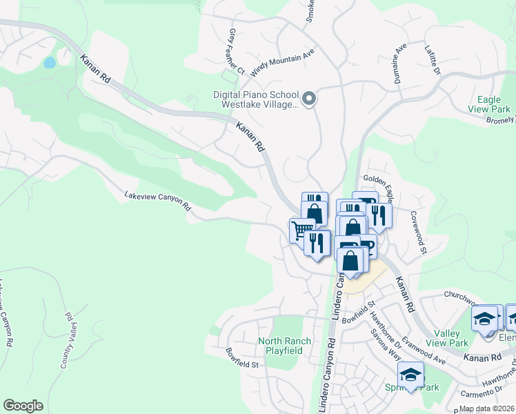 map of restaurants, bars, coffee shops, grocery stores, and more near 1241 Canyon Rim Circle in Westlake Village