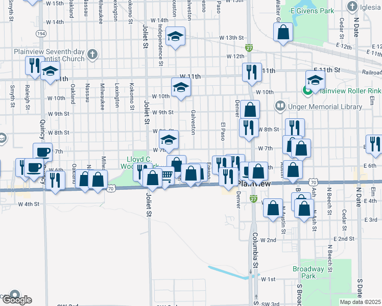 map of restaurants, bars, coffee shops, grocery stores, and more near 801 West 7th in Plainview