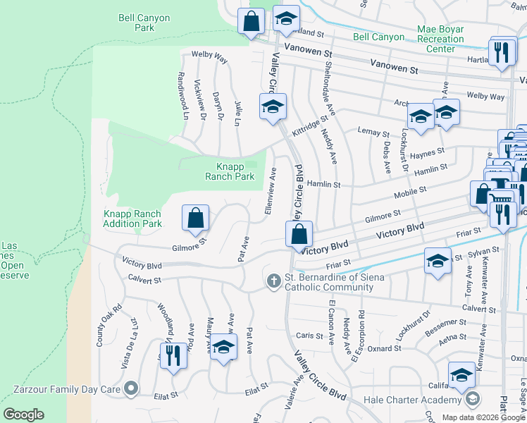 map of restaurants, bars, coffee shops, grocery stores, and more near 6441 Ellenview Avenue in Los Angeles
