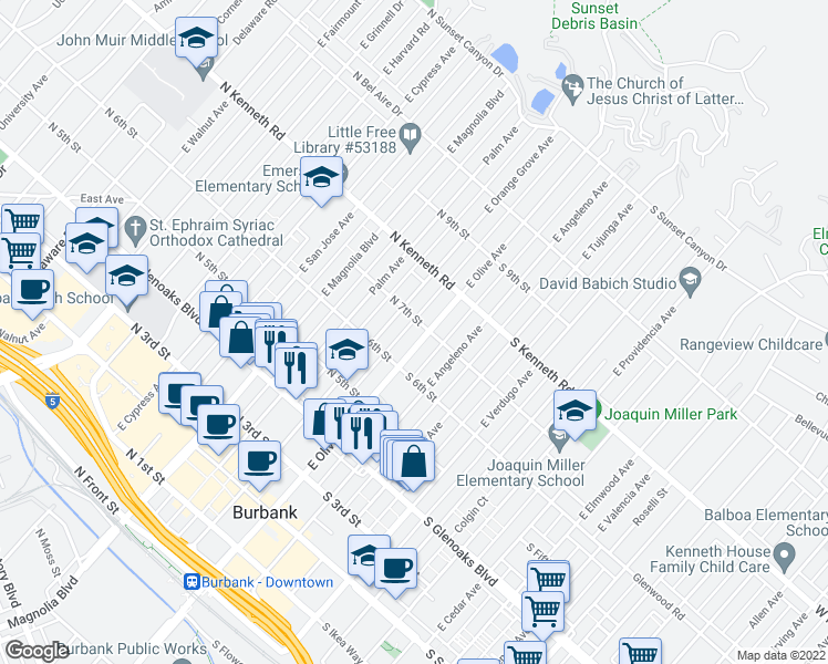 map of restaurants, bars, coffee shops, grocery stores, and more near 621 East Olive Avenue in Burbank