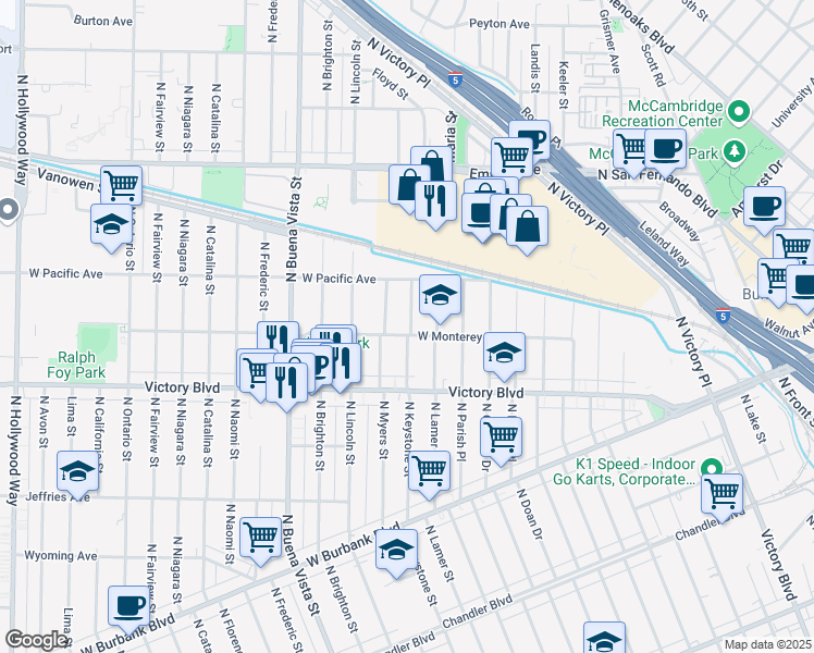 map of restaurants, bars, coffee shops, grocery stores, and more near 2101 West Monterey Avenue in Burbank