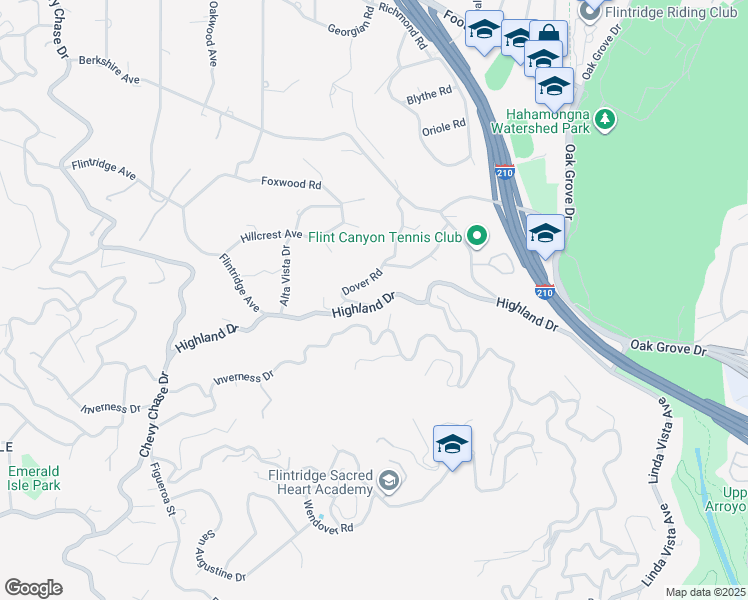 map of restaurants, bars, coffee shops, grocery stores, and more near 563 Highland Drive in La Cañada Flintridge