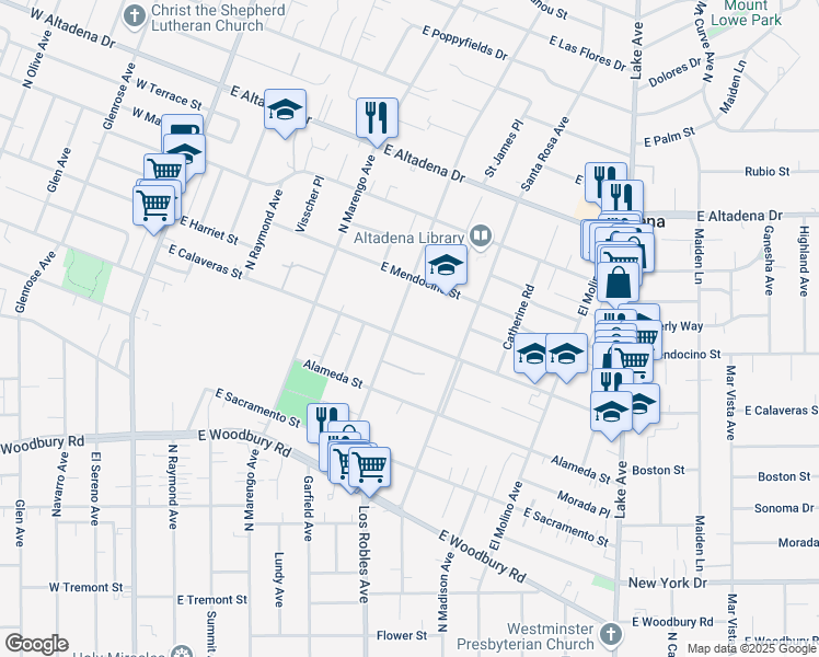 map of restaurants, bars, coffee shops, grocery stores, and more near 477 East Calaveras Street in Altadena