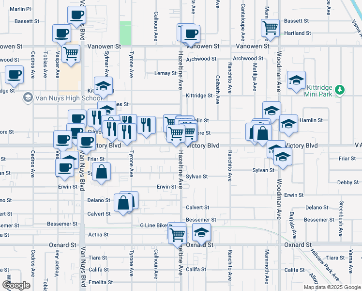 map of restaurants, bars, coffee shops, grocery stores, and more near Victory Boulevard & Hazeltine Avenue in Los Angeles