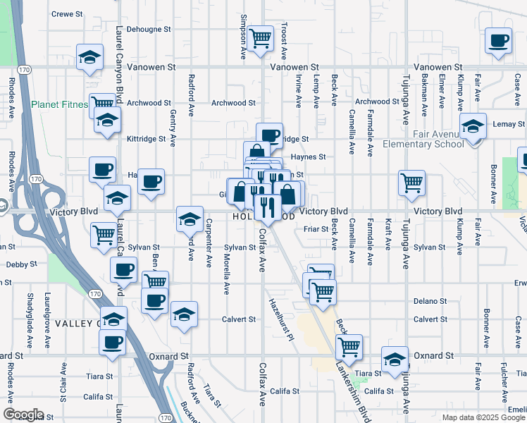 map of restaurants, bars, coffee shops, grocery stores, and more near 6502 Charlesworth Avenue in Los Angeles