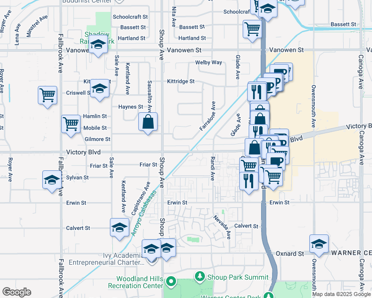 map of restaurants, bars, coffee shops, grocery stores, and more near 22301 Victory Boulevard in Los Angeles