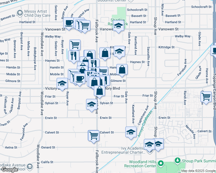 map of restaurants, bars, coffee shops, grocery stores, and more near 22711 Victory Boulevard in Los Angeles