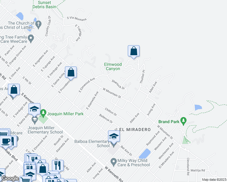 map of restaurants, bars, coffee shops, grocery stores, and more near 2055 West Mountain Street in Glendale