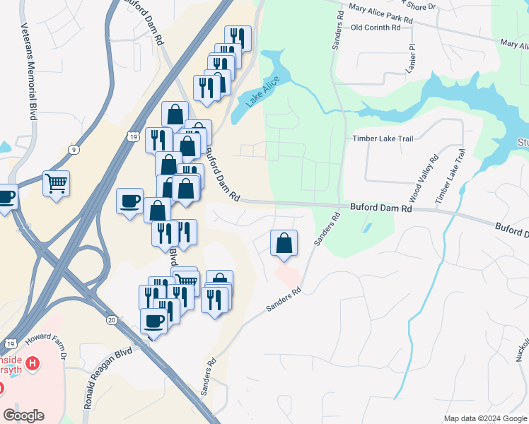 map of restaurants, bars, coffee shops, grocery stores, and more near 655 Buford Dam Road in Cumming