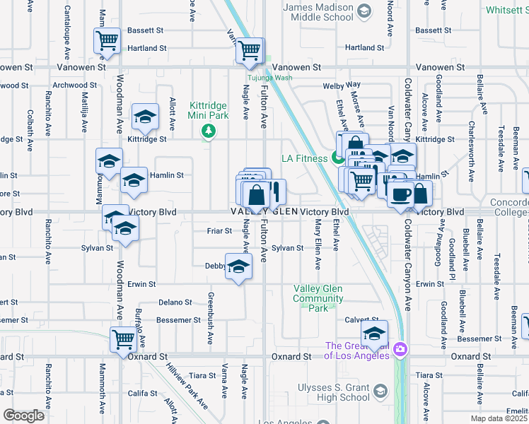 map of restaurants, bars, coffee shops, grocery stores, and more near Victory Boulevard & Fulton Avenue in Los Angeles