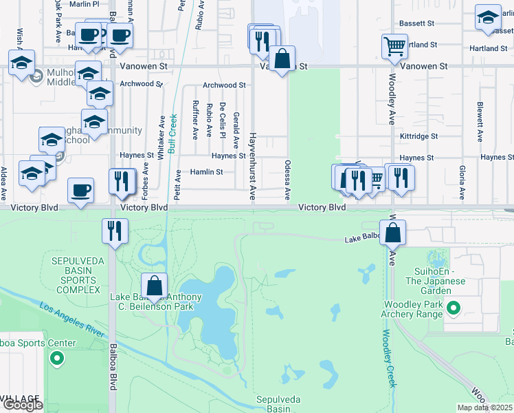 map of restaurants, bars, coffee shops, grocery stores, and more near 6407 Odessa Avenue in Los Angeles