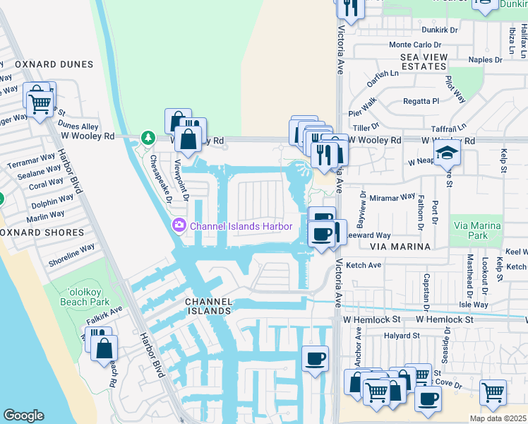 map of restaurants, bars, coffee shops, grocery stores, and more near 1463 Caspian Way in Oxnard