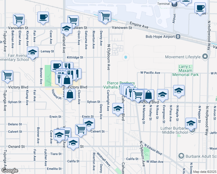 map of restaurants, bars, coffee shops, grocery stores, and more near Victory Blvd & Cartwright Ave in Burbank