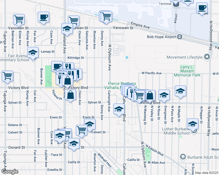 map of restaurants, bars, coffee shops, grocery stores, and more near Victory Boulevard & Clybourn Avenue in Los Angeles