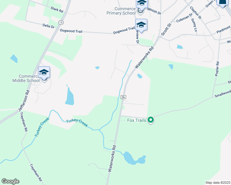 map of restaurants, bars, coffee shops, grocery stores, and more near 1044 Waterworks Road in Commerce