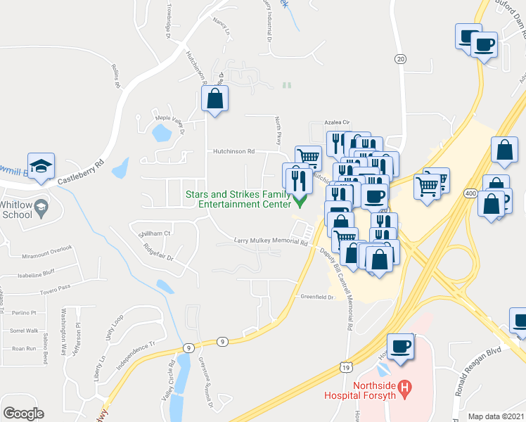 map of restaurants, bars, coffee shops, grocery stores, and more near 3725 Hutchinson Trace Drive in Cumming