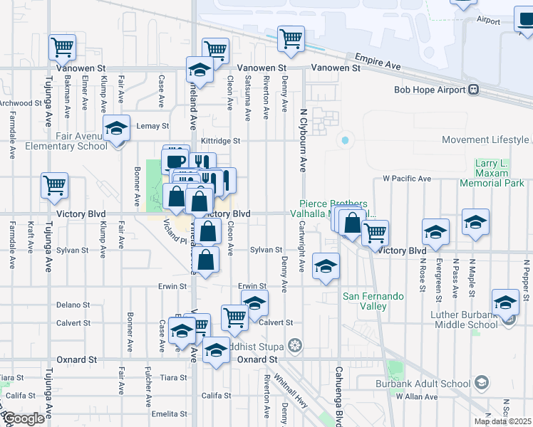 map of restaurants, bars, coffee shops, grocery stores, and more near 10808 Victory Boulevard in Los Angeles